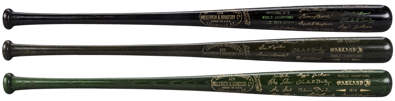 Lot of (3) 1972-74 Oakland As World Series Championship Commemorative Bats With Facsimile Signatures 